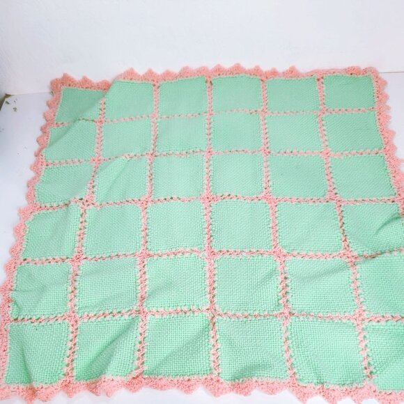 Handmade Other - Vintage Hand-Crocheted Doll Blanket 25x25 Inches Green & Pink